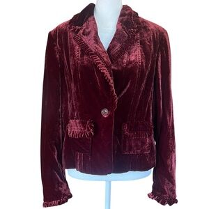 INC Petite Burgundy Velvet Blazer Ruffle Trim Romantic Boho Jacket Large